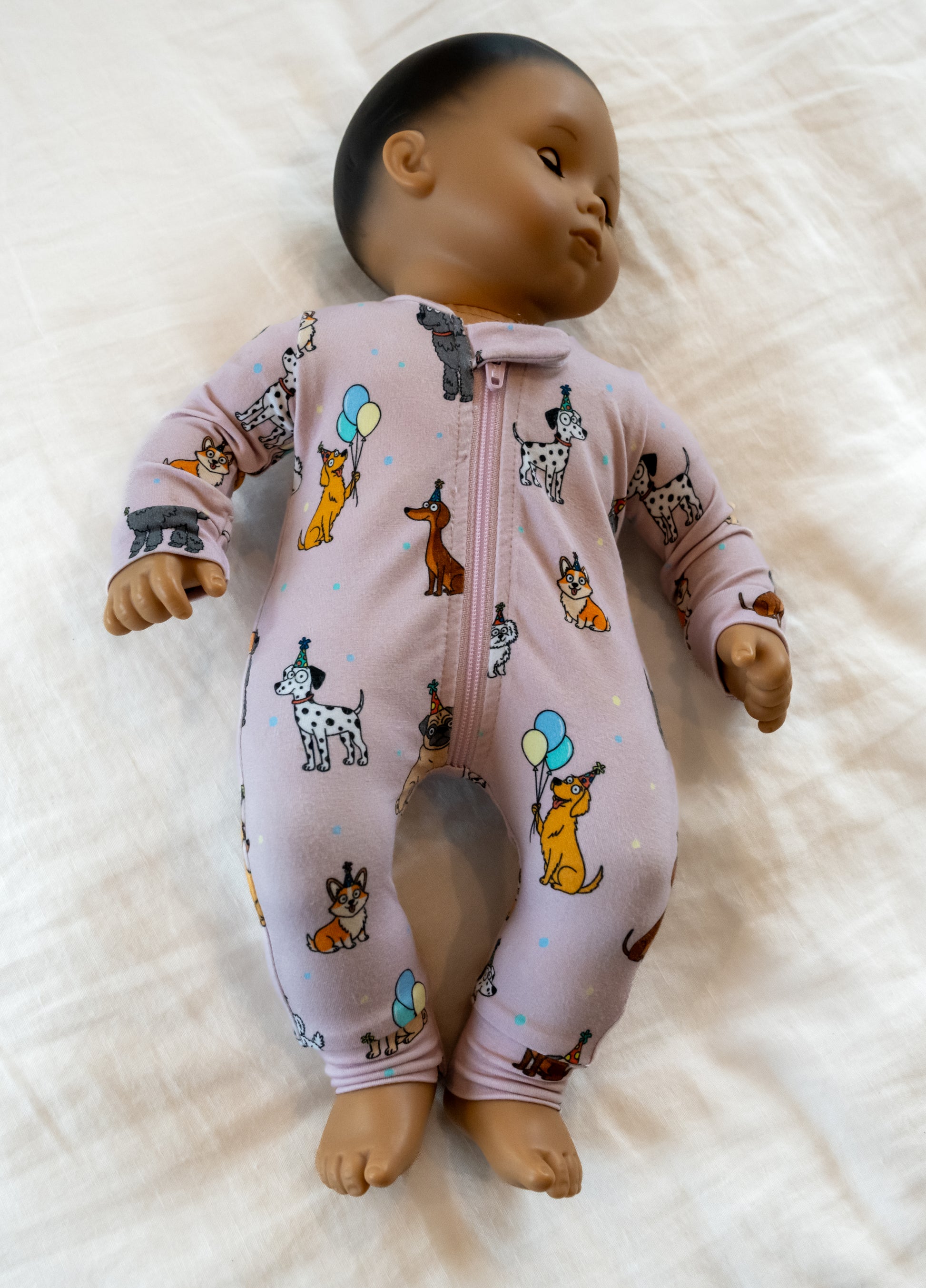 Pink bamboo zipper romper for 14" doll dog and puppy print