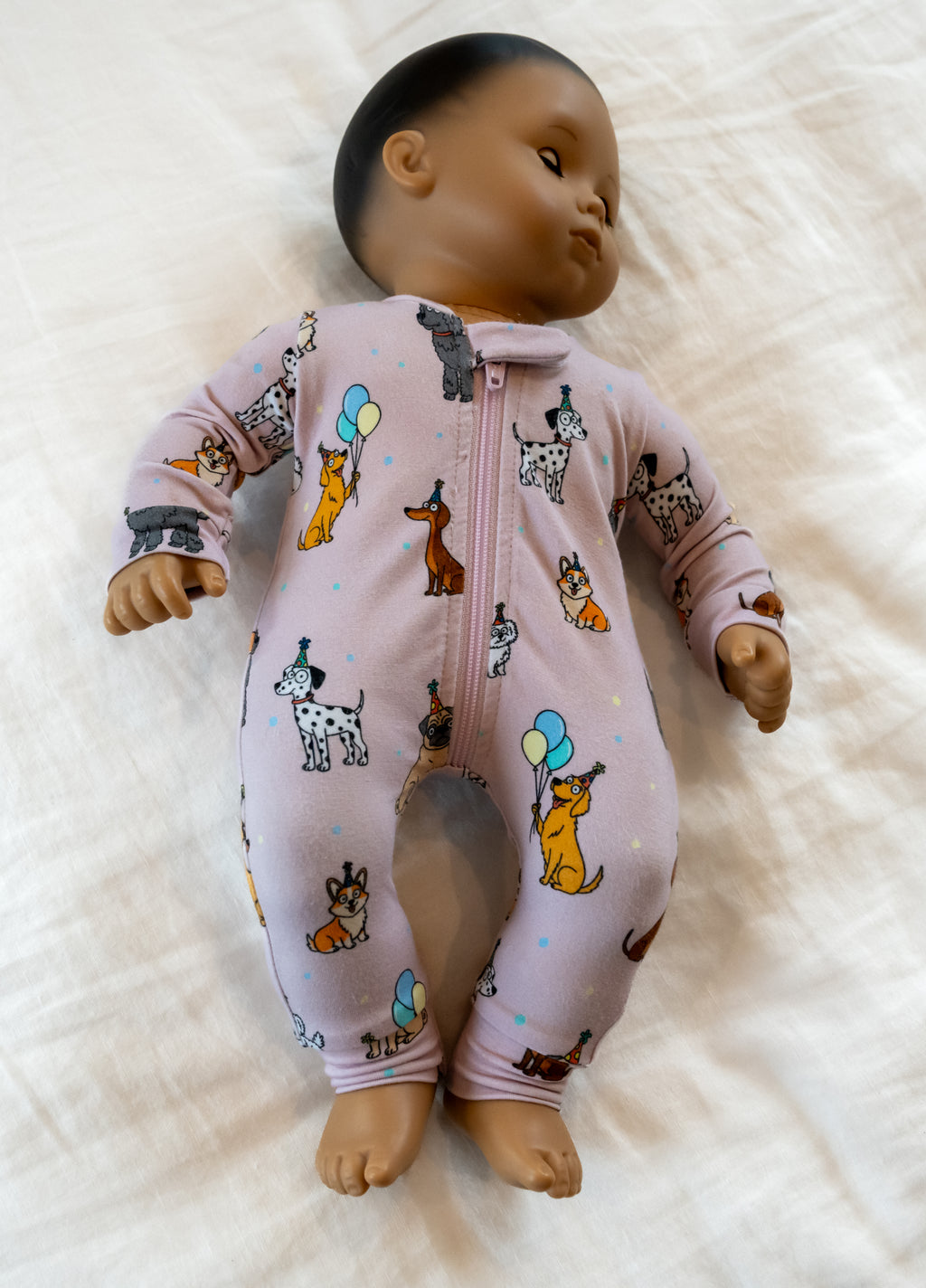 Pink bamboo zipper pajamas for 14" doll with dog / puppy print. Fits American Girl Doll bitty baby