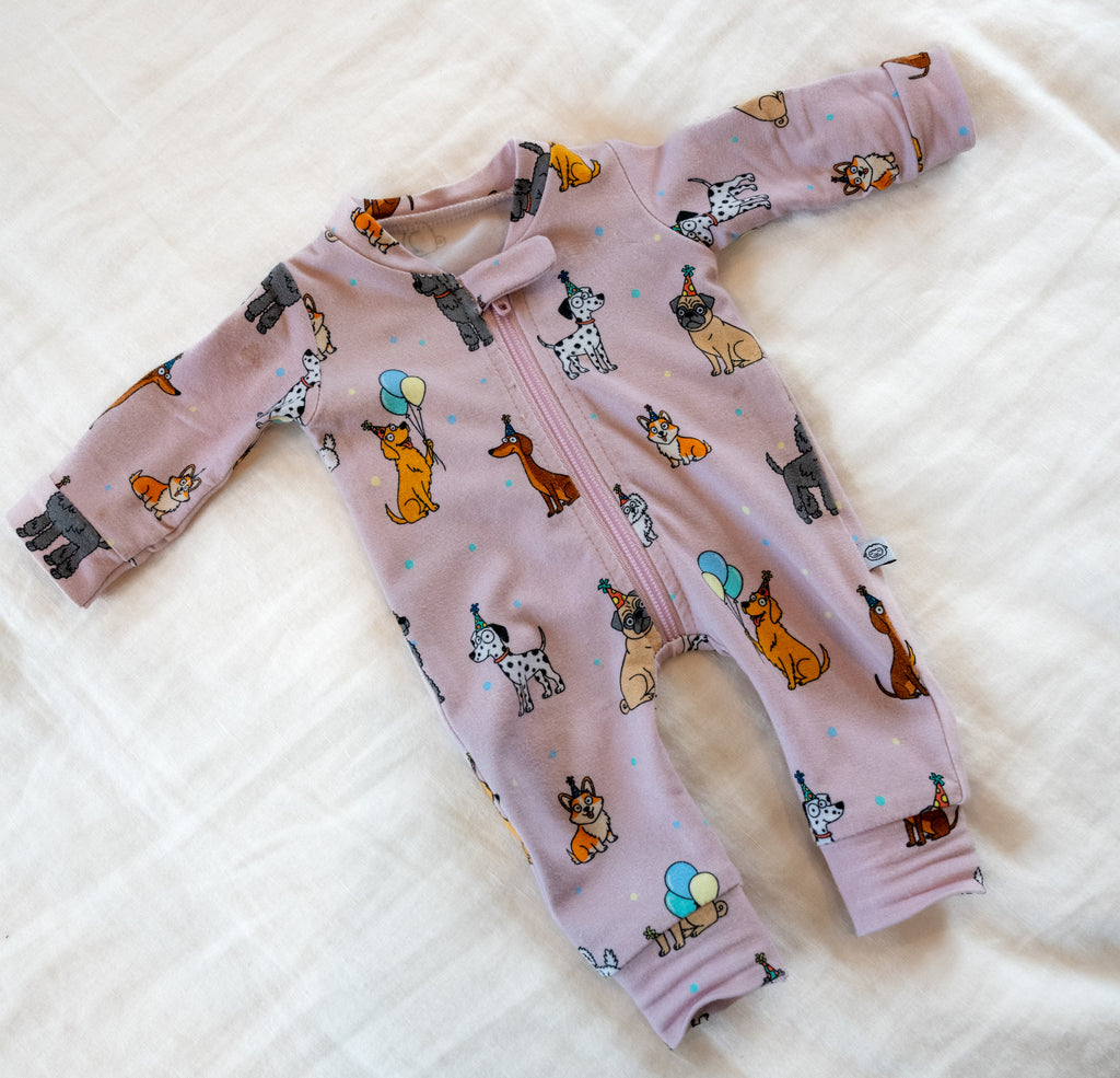 Pink bamboo zipper romper pajamas for 14" doll with dog puppy print. Fits American Girl Doll bitty baby