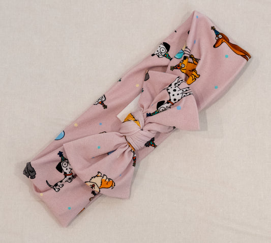 Pink bamboo bow head band for babies and toddlers dog puppy print