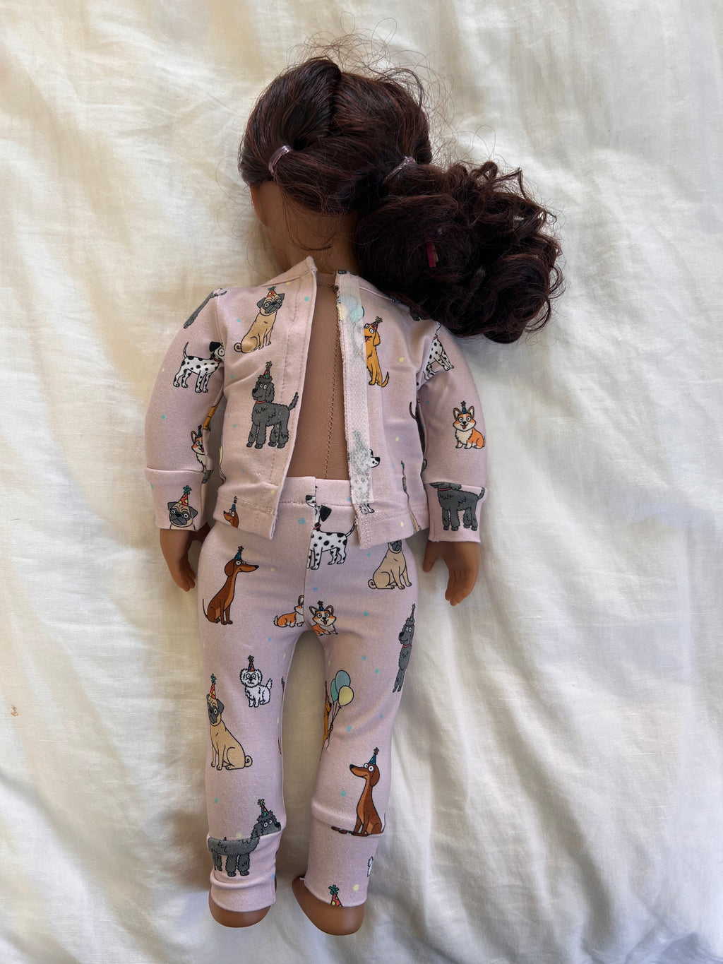 Pink bamboo two-piece pajamas for 18" doll dog puppy print. Fits American girl dolls and our generation dolls