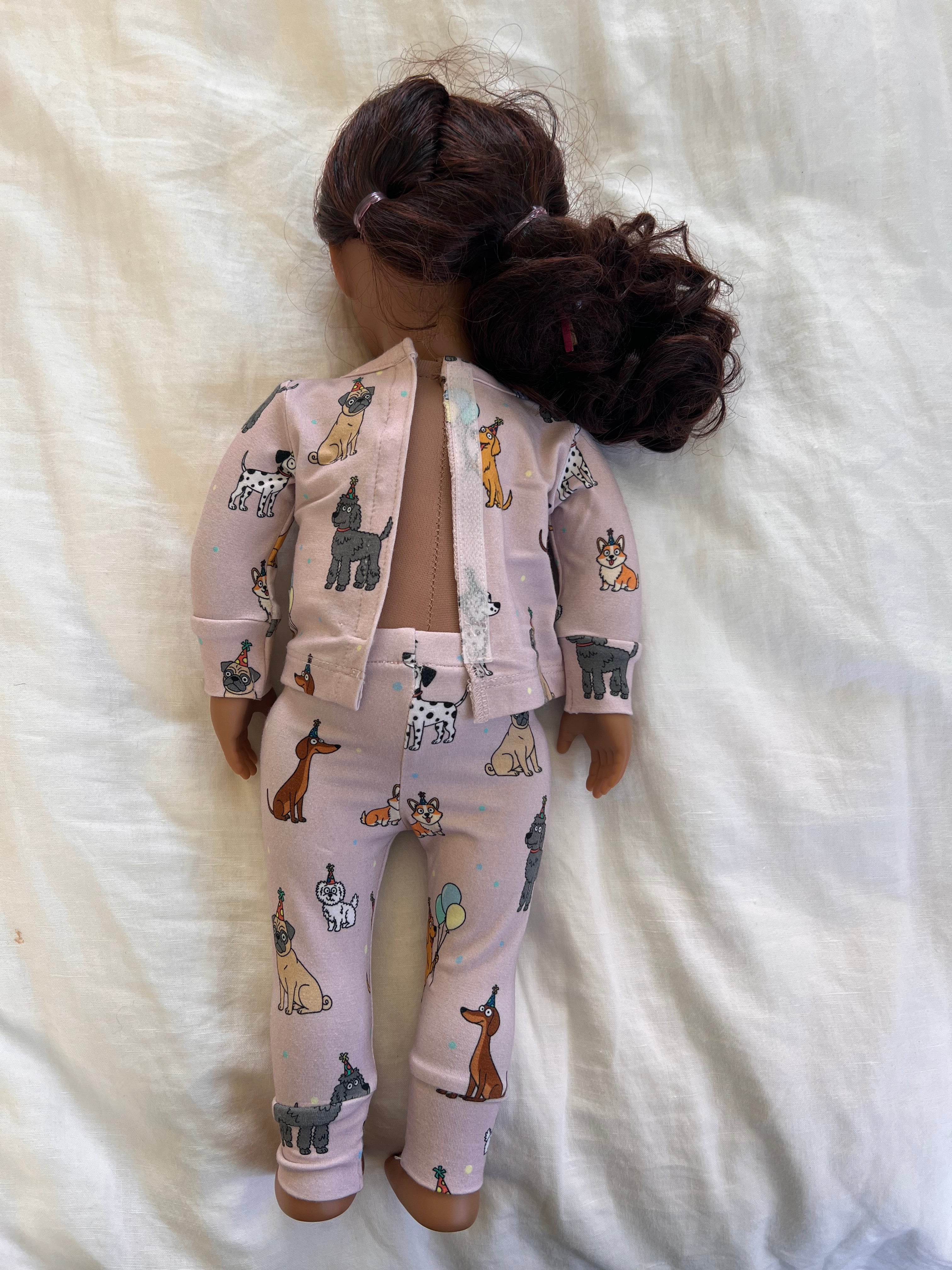 Pink bamboo two-piece pajamas for 18" doll dog puppy print. Fits American girl dolls and our generation dolls