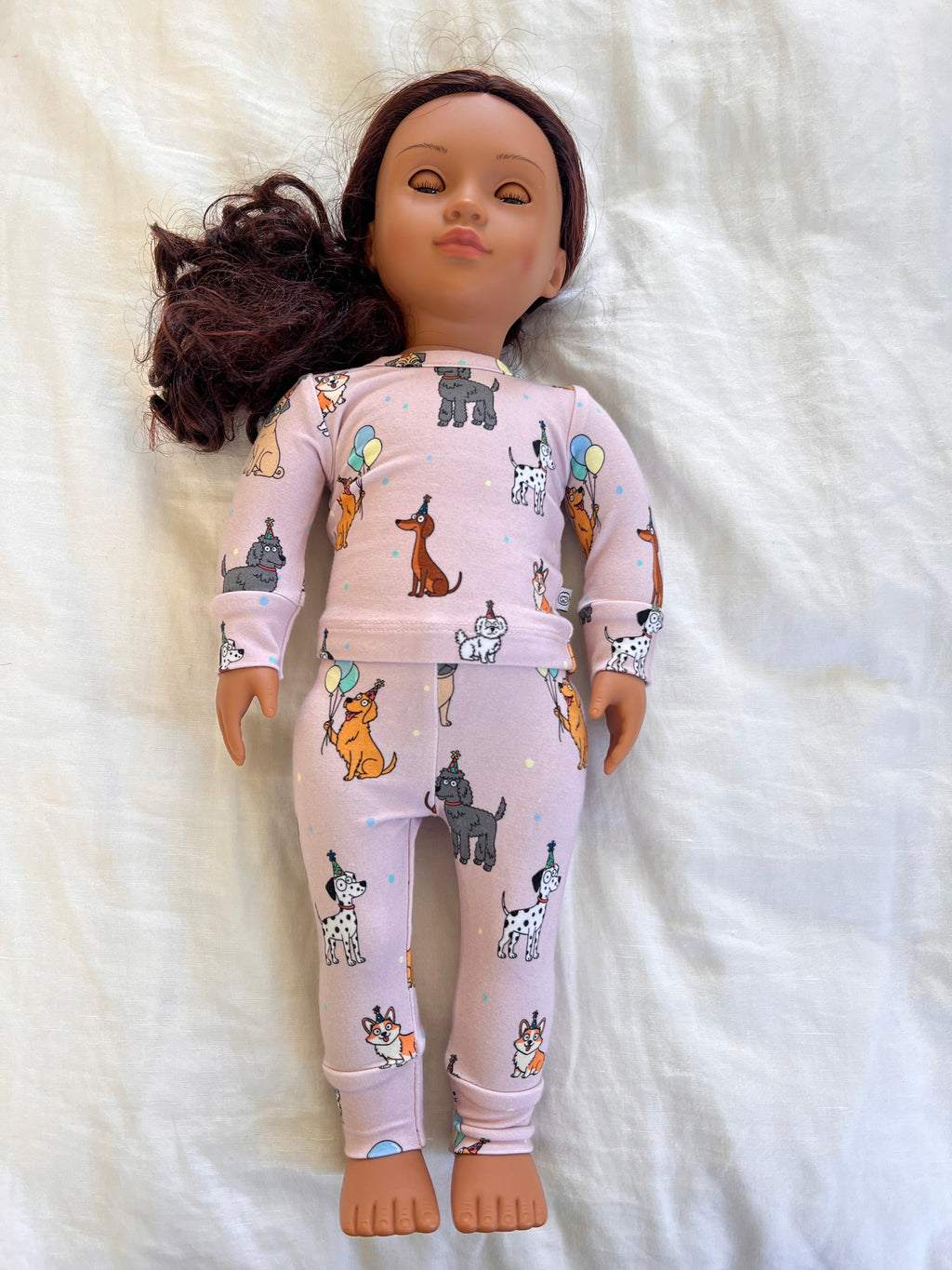 Pink bamboo two-piece pajamas for 18" doll dog puppy print. Fits American girl dolls and our generation dolls