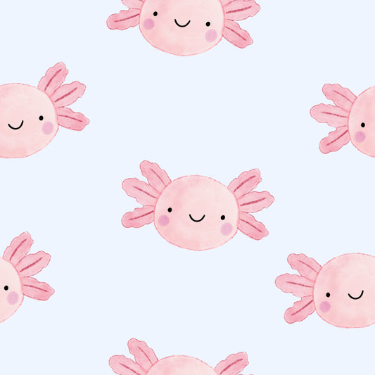 Pink smiling axolotl pattern on a soft pale blue children's lyocell blanket for toddlers and kids. Cute pastel aquatic design with cozy playful aesthetic 