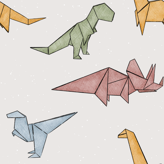 Watercolor-style origami dinosaur pattern featuring folded paper dinosaurs in soft pastel colors including pink, green, blue, and mustard on a light background. 
