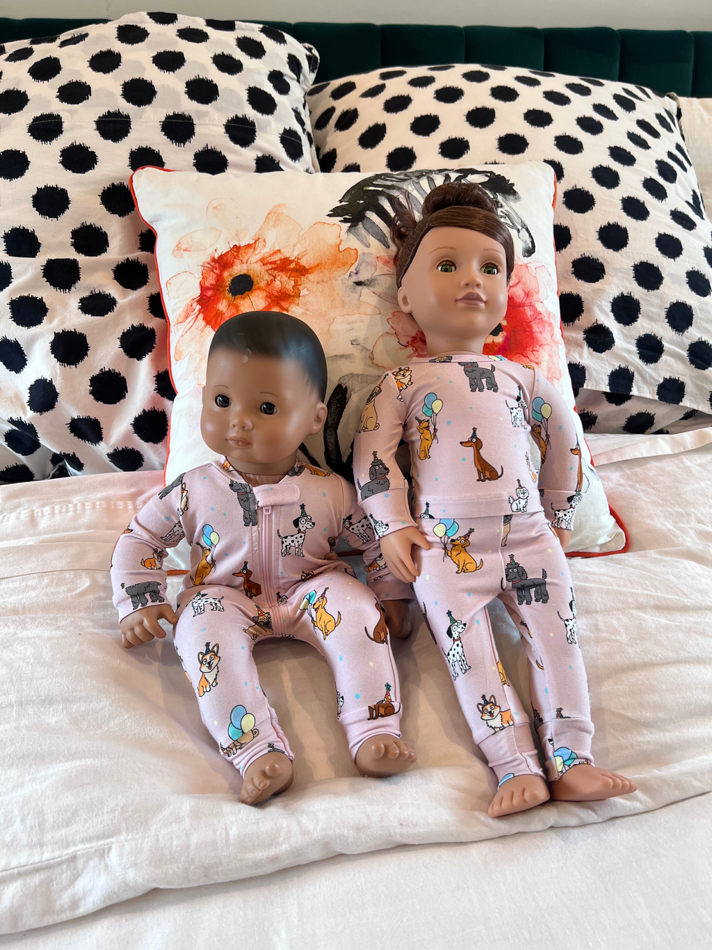 Pink bamboo pajamas romper for 14" and 18" dolls dog puppy print